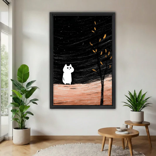 White cat standing under golden tree in night sky canvas wall art — moody illustrated cat print for bedroom and living room decor