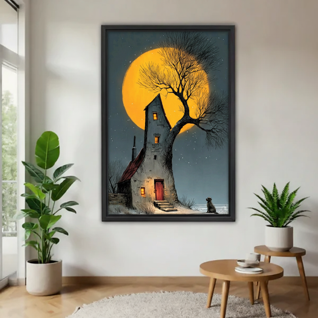Moonlit cottage dog gothic framed canvas wall art print in black frame — dark fantasy night home decor