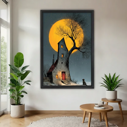 Moonlit cottage dog gothic framed canvas wall art print in black frame — dark fantasy night home decor