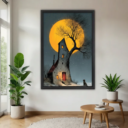 Moonlit cottage dog gothic framed canvas wall art print in black frame — dark fantasy night home decor