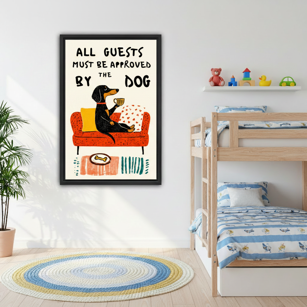 Humorous dachshund canvas print in cozy bedroom, "All Guests Must Be Approved By The Dog" wall art for dog lovers