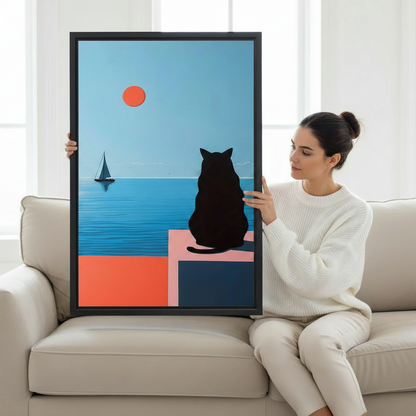 Minimalist Black Cat Ocean View Canvas Wall Art - Colorful Abstract Cat Framed Wall Decor