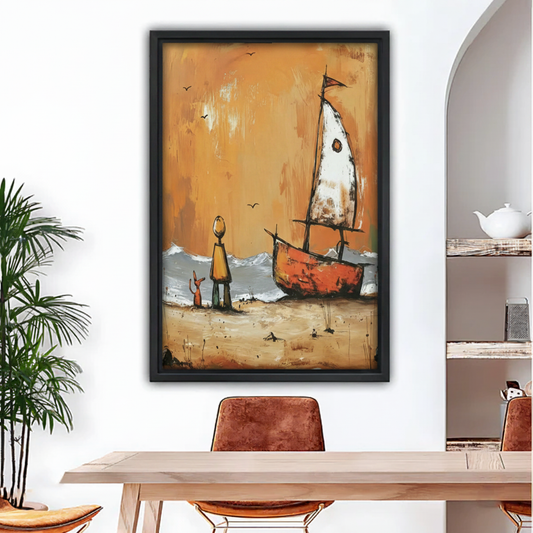 Vintage beach sailboat dog and owner framed wall art print hanging above dining table, warm golden oil painting style