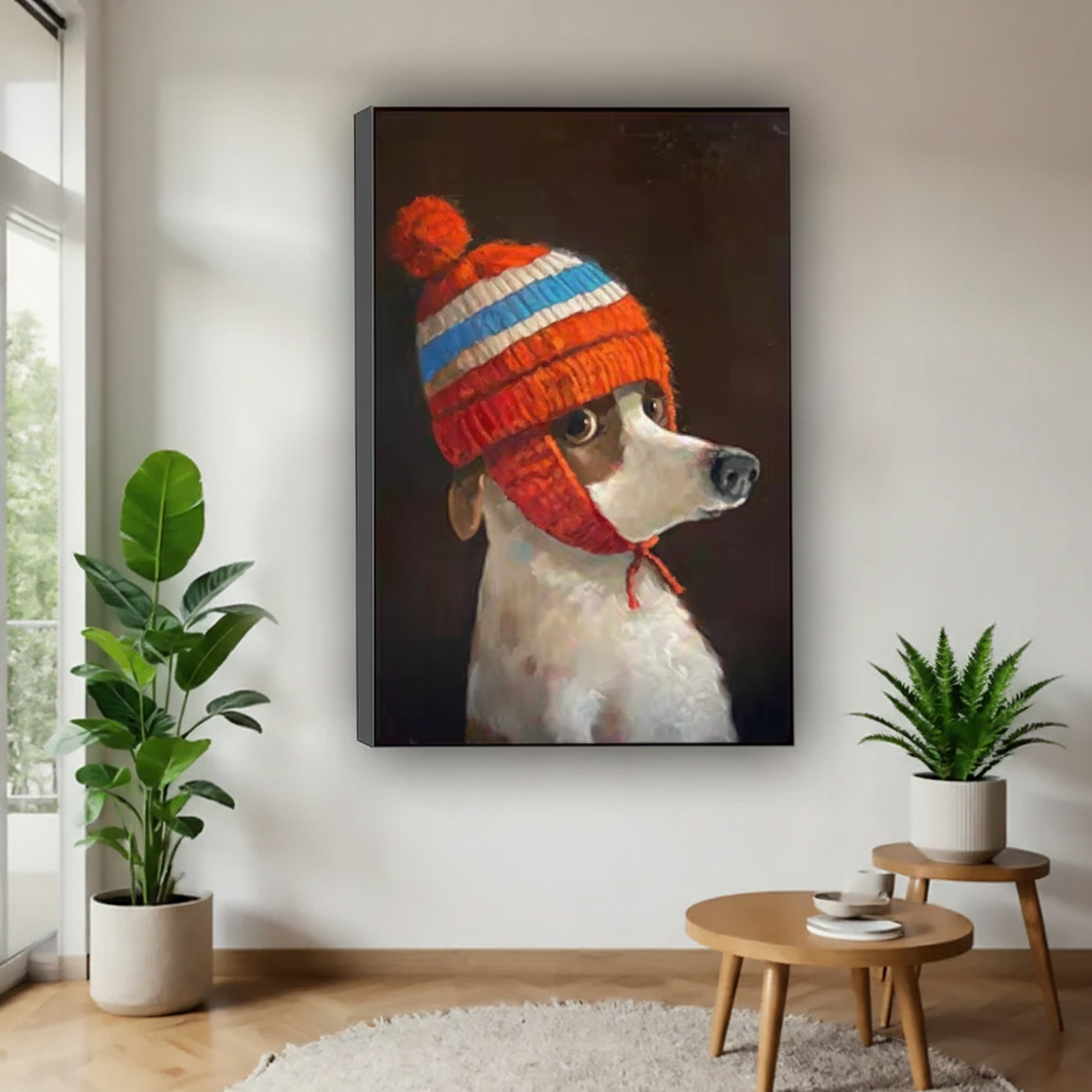 Dog in Knit Winter Hat Wall Art - Cozy Pet Portrait Canvas Print#Y1009
