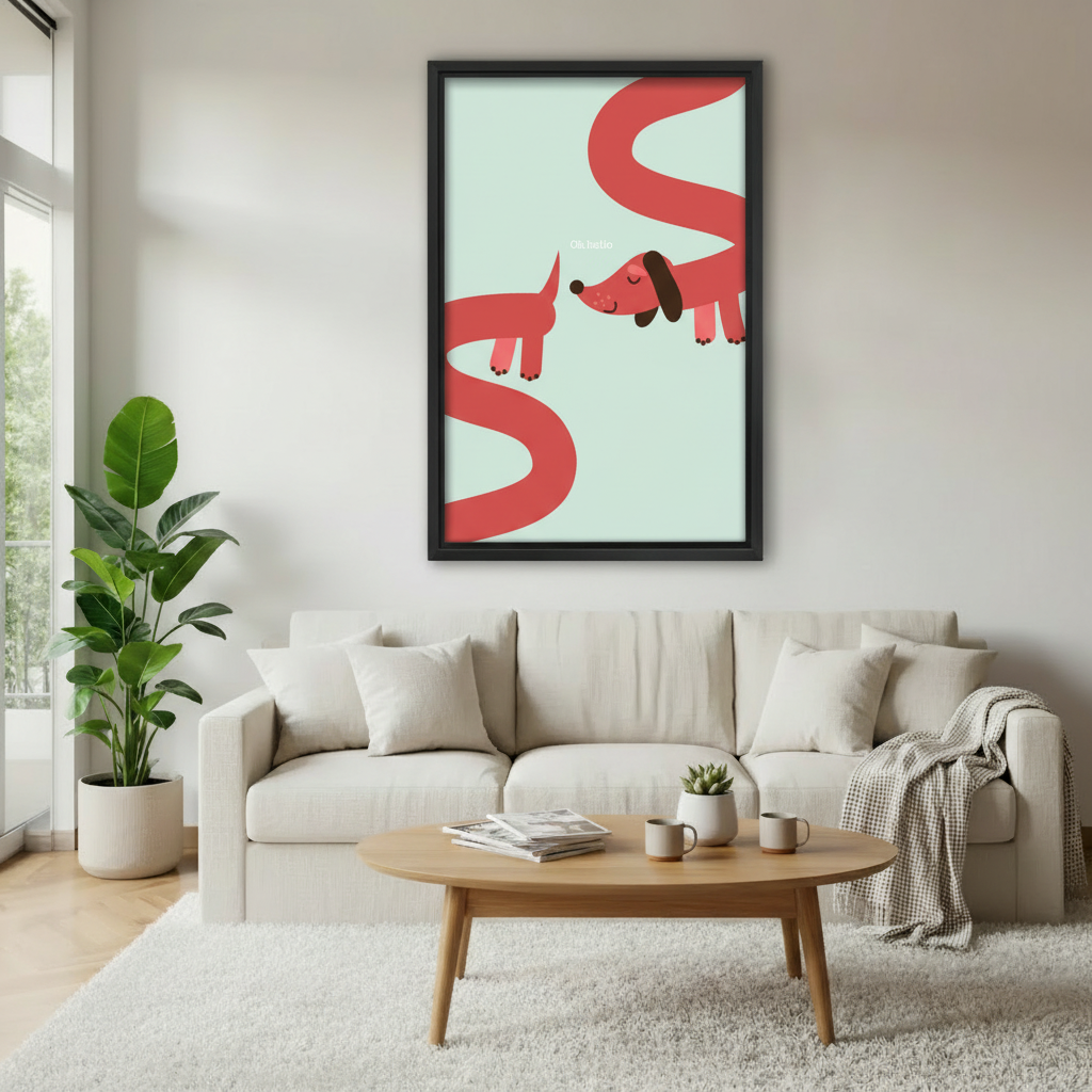 Oh Hello dachshund minimalist framed print above linen bed – whimsical dog wall art, modern bedroom decor