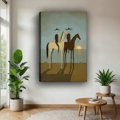 Surrealist desert riders gallery wrap canvas wall art, minimalist horseback figures at dusk for modern boho home decor