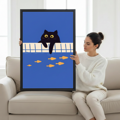 Black Cat Pool Fish Funny Animal Wall Art Print l1974