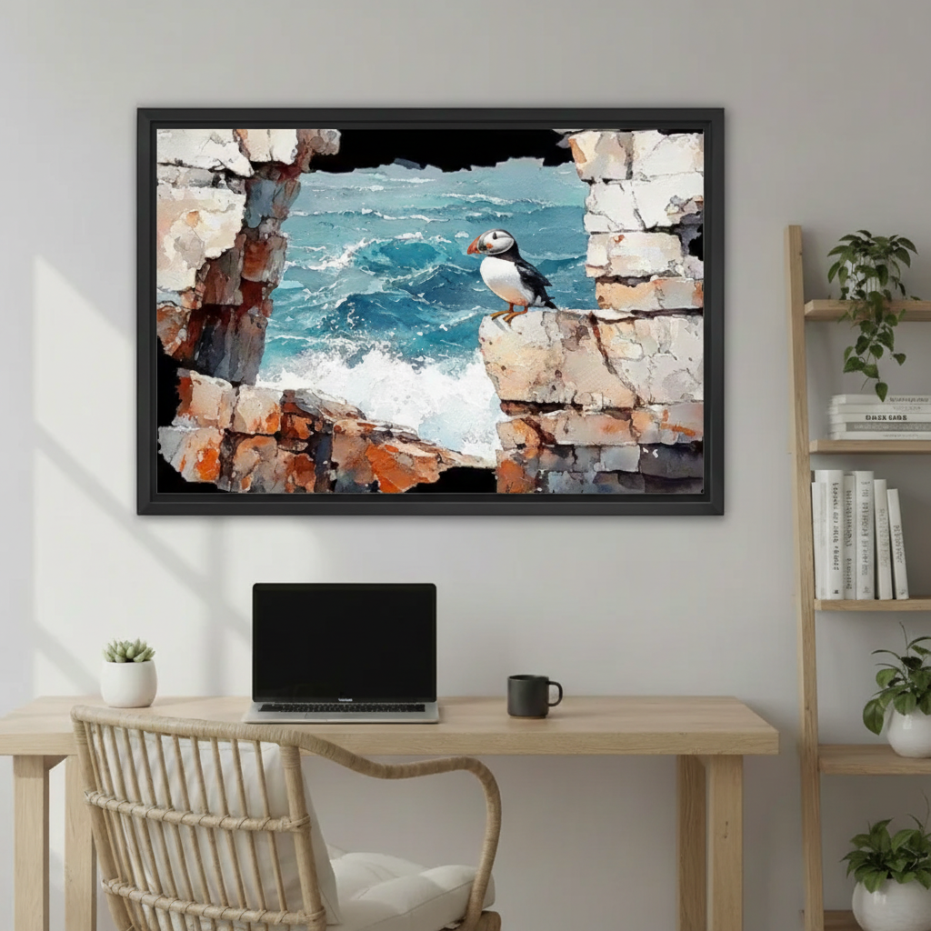 Puffin Coastal Stone Wall Oil Painting Art Print l2009