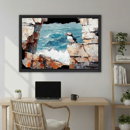 Puffin Coastal Stone Wall Oil Painting Art Print l2009