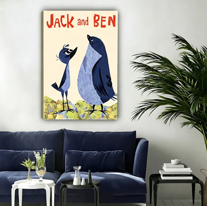 Whimsical bird wall art print of Jack and Ben – unframed canvas art for living room or nursery decor