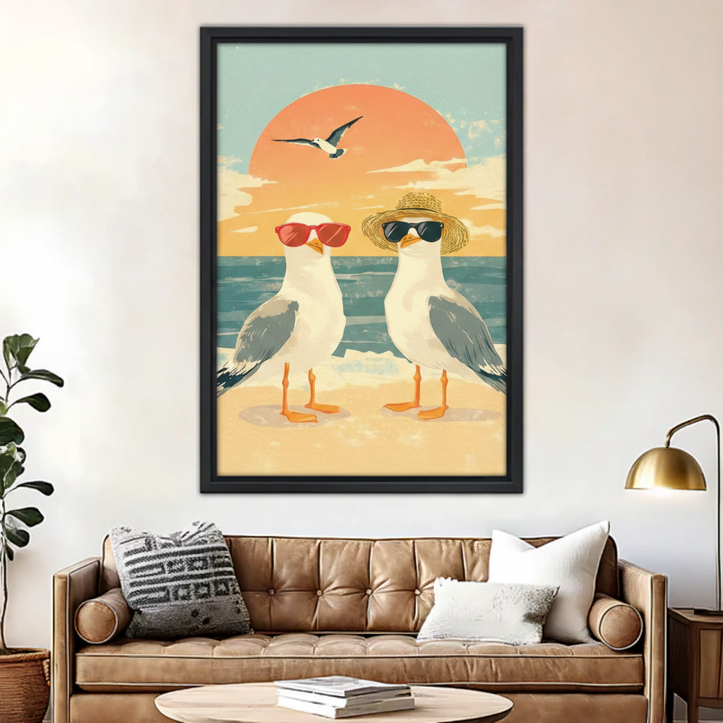 Retro beach seagulls in sunglasses and hats canvas wall art print in black frame, colorful coastal bird illustration