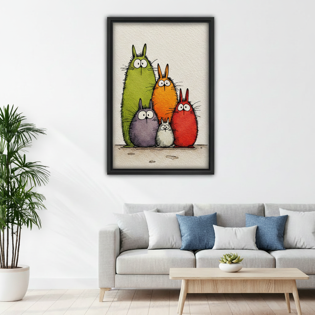 Funny rabbit family canvas print wall decor green purple orange red characters