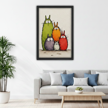 Funny rabbit family canvas print wall decor green purple orange red characters