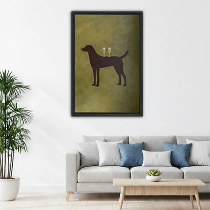 Vintage black dog with champagne glasses framed wall art hanging above gray sofa in modern living room