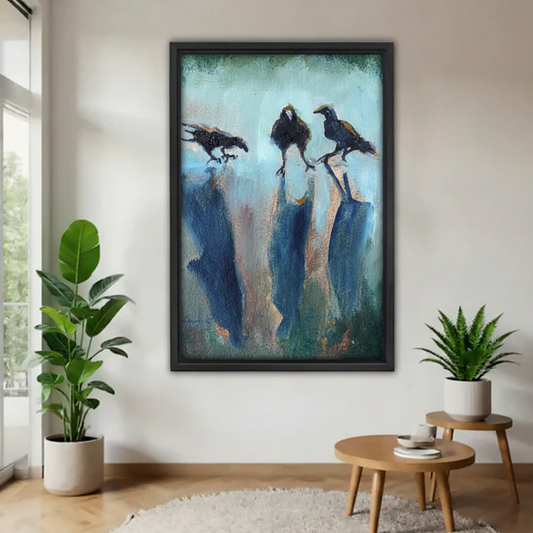 Three ravens teal oil painting framed canvas wall art — dark moody bird decor with gold accents, modern living room