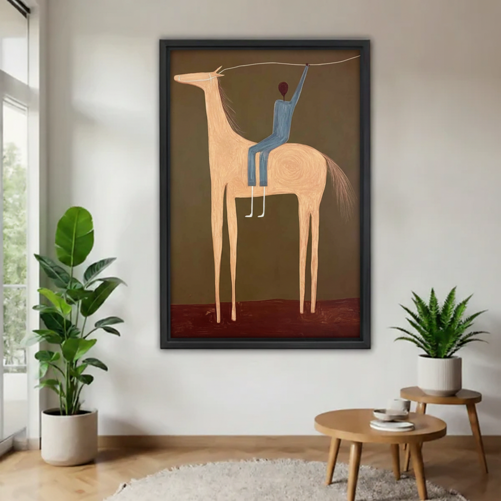 Minimalist horse rider oil painting canvas wall art with black frame — abstract equestrian framed print for modern home