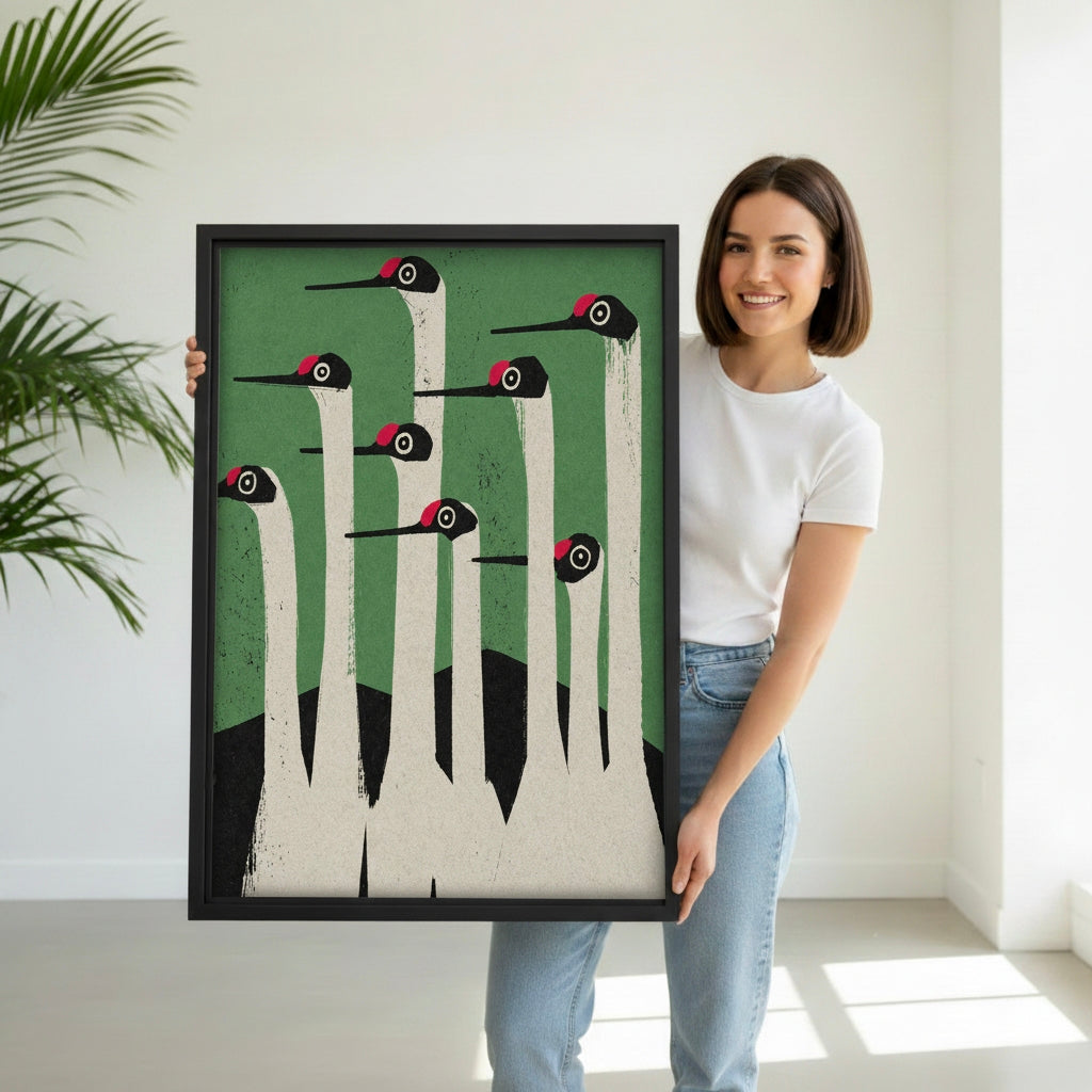 Woman holding Japanese crane minimalist wall art print, elegant bird canvas gift idea for zen inspired home decoration