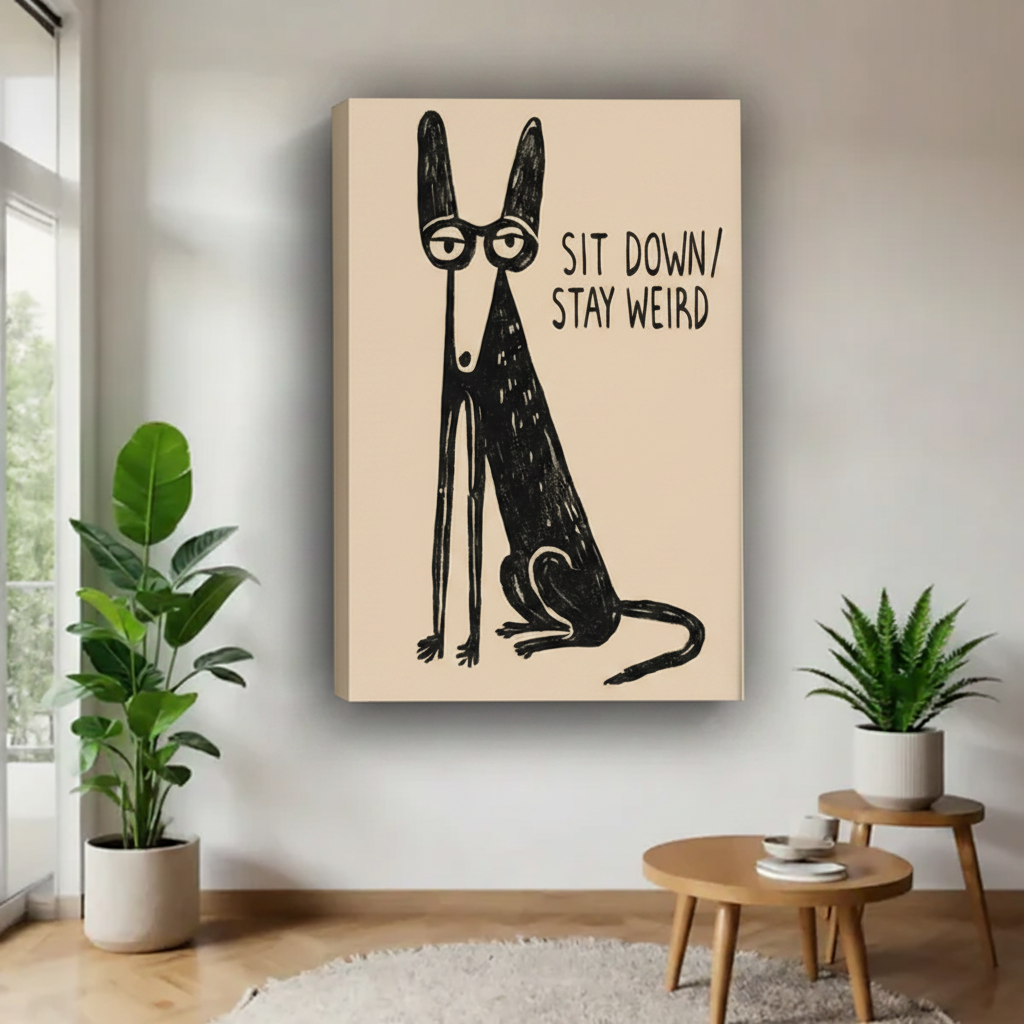 Sit Down Stay Weird quirky dog canvas wall art print – frameless gallery wrap in bright living room