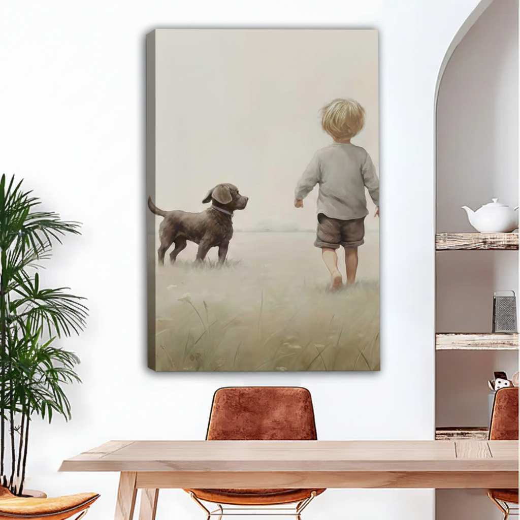 Boy and dog running in misty meadow gallery wrap canvas wall art in bright dining room