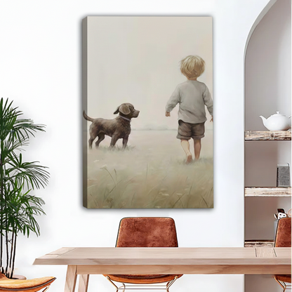 Boy and dog running in misty meadow gallery wrap canvas wall art in bright dining room