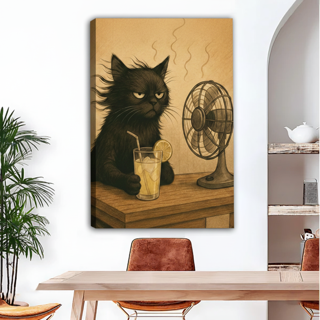 Black cat with lemonade and fan funny retro gallery wrap canvas wall art in bright dining room