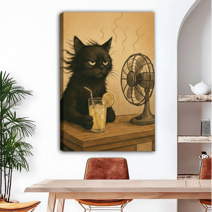 Black cat with lemonade and fan funny retro gallery wrap canvas wall art in bright dining room