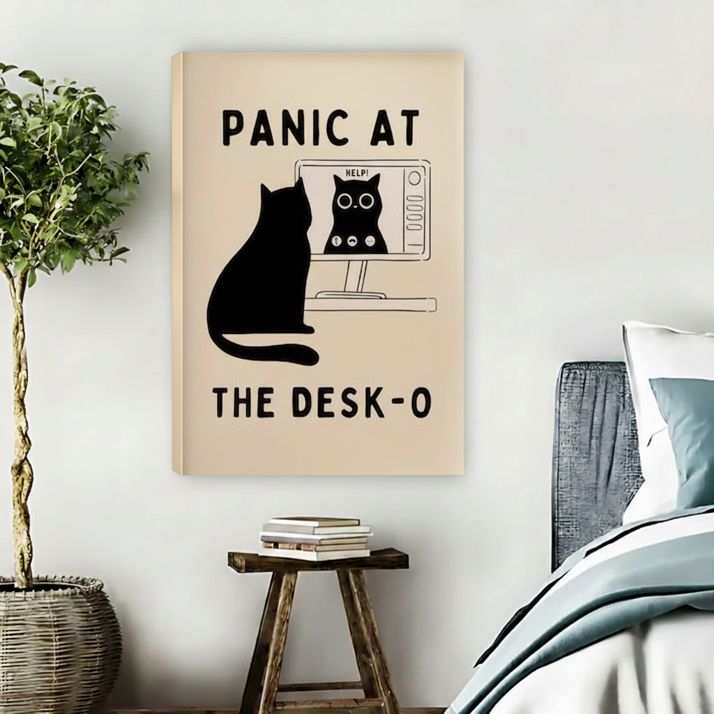 Black cat staring at computer screen panic at the desk-o funny illustration unframed canvas wall art above wooden stool with stacked books and wicker basket in contemporary boho bedroom