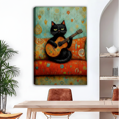 Gallery-wrapped black cat guitar canvas print, cool cat strumming acoustic guitar on teal and orange boho background, frameless wall art for modern dining room