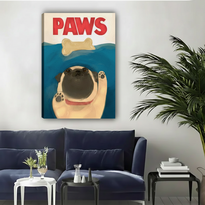Chubby pug PAWS movie poster parody swimming for bone float frame canvas wall art above navy velvet sofa with white side table and black coffee table and palm plant in contemporary living room