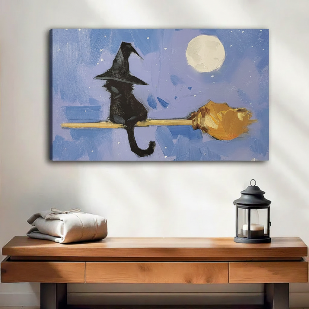  Black cat on broomstick witch hat canvas wall art, frameless gallery wrap, blue moonlit night oil painting style, hung above a wooden console table in a cozy neutral entryway with lantern