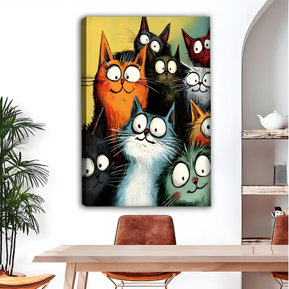 Colorful cartoon cats gallery wrap canvas wall art in dining room – frameless funny cat print home decor