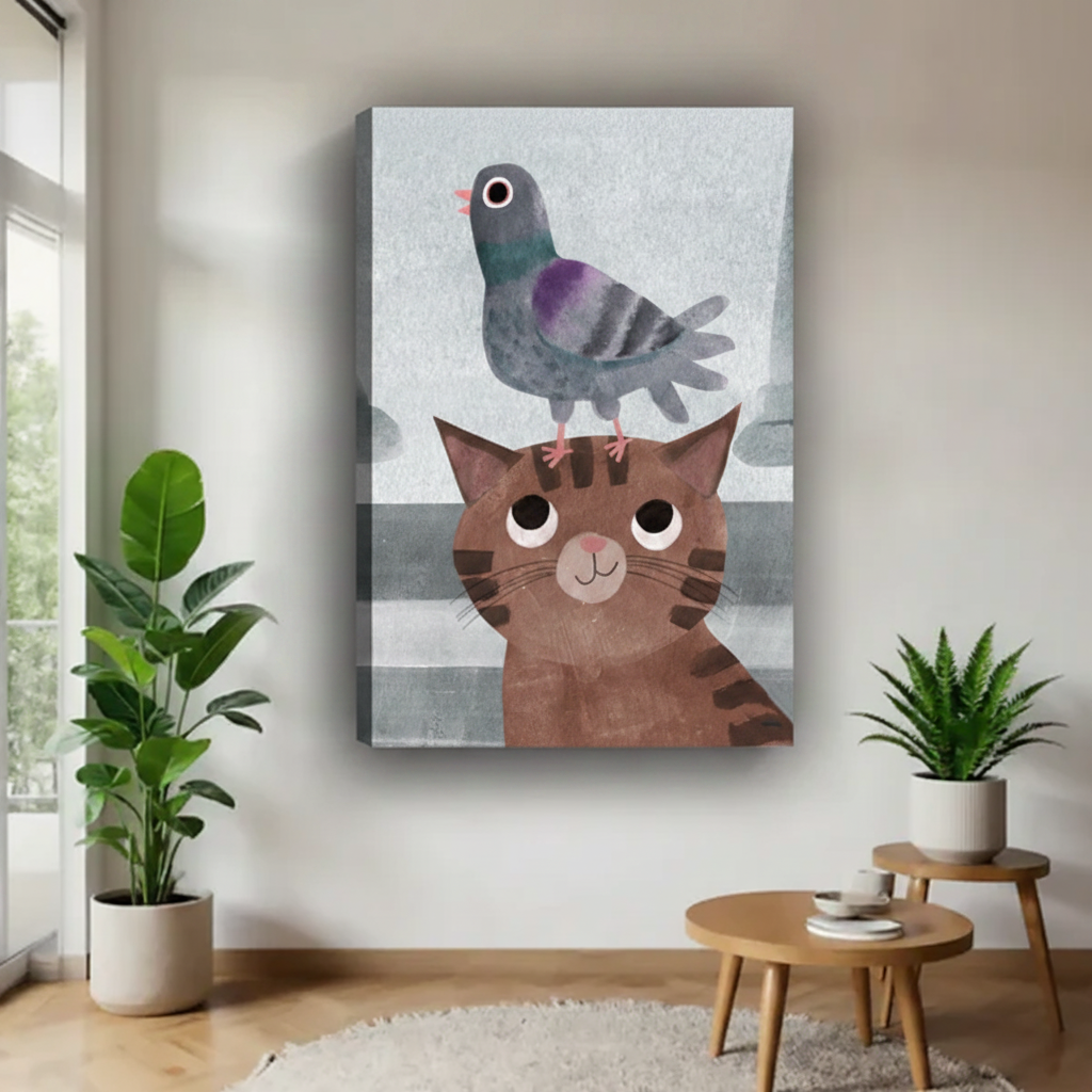 Cat and pigeon on head canvas wall art, frameless gallery wrap, whimsical cartoon illustration grey blue background, hung on white wall in a bright minimalist entryway with fiddle leaf fig and round side table