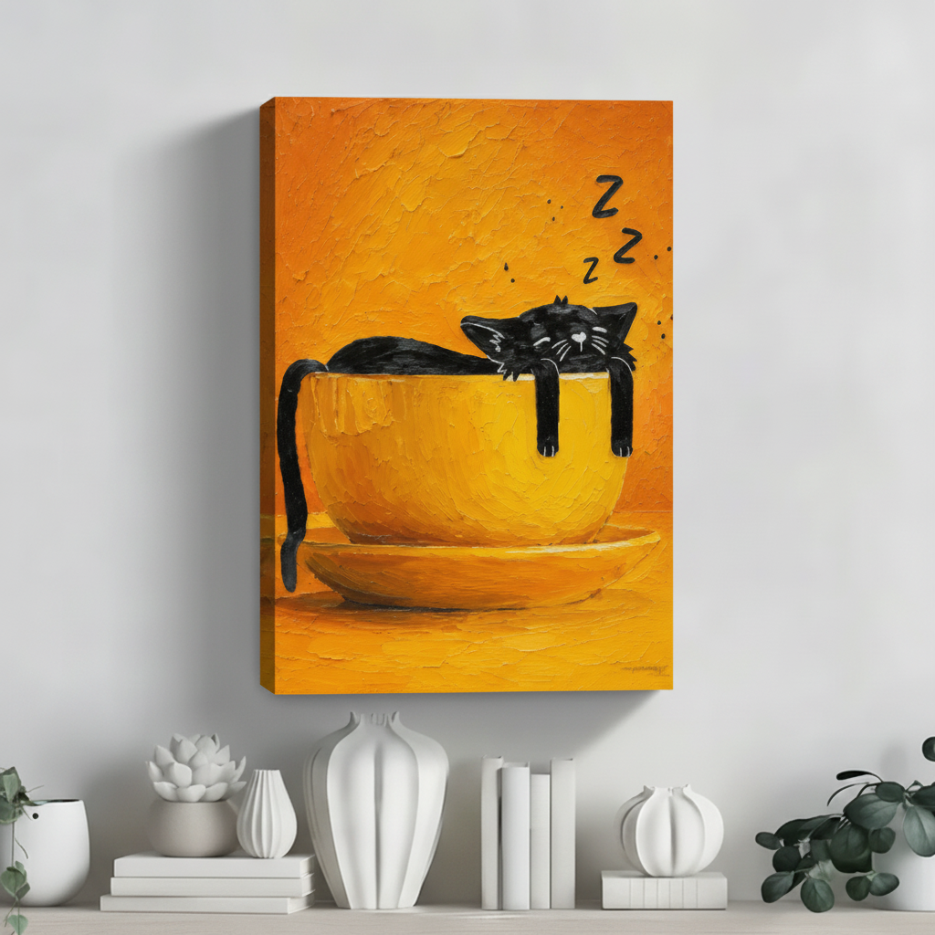 Lazy black cat napping in oversized yellow cup orange background float frame canvas wall art on white wall with succulent plants and white ceramic vases in contemporary living room