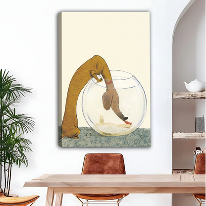 Framed dachshund canvas wall art, playful dog reaching into fish bowl, float frame canvas print for modern dining room