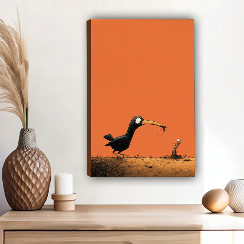 Whimsical black bird and worm staring contest orange background float frame canvas wall art above wooden sideboard with pampas grass and ceramic decor in contemporary hallway