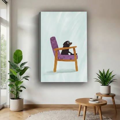 Dachshund on purple armchair canvas wall art, frameless gallery wrap, minimalist light blue illustration, hung in a contemporary airy living space with tropical plants