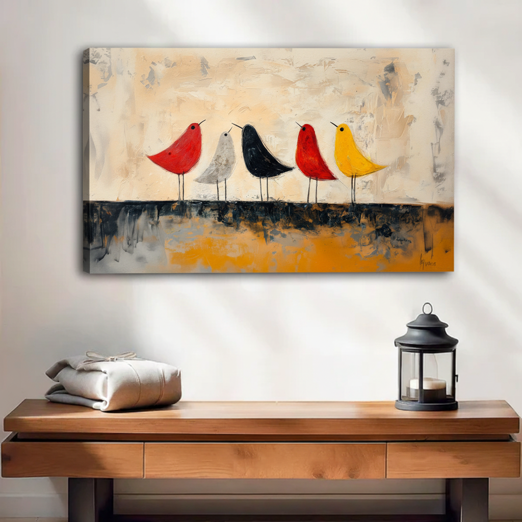 Abstract colorful birds canvas wall art, frameless gallery wrap, minimalist oil painting red white black yellow birds on textured beige background, hung above a rustic wooden console table with lantern in a warm neutral entryway