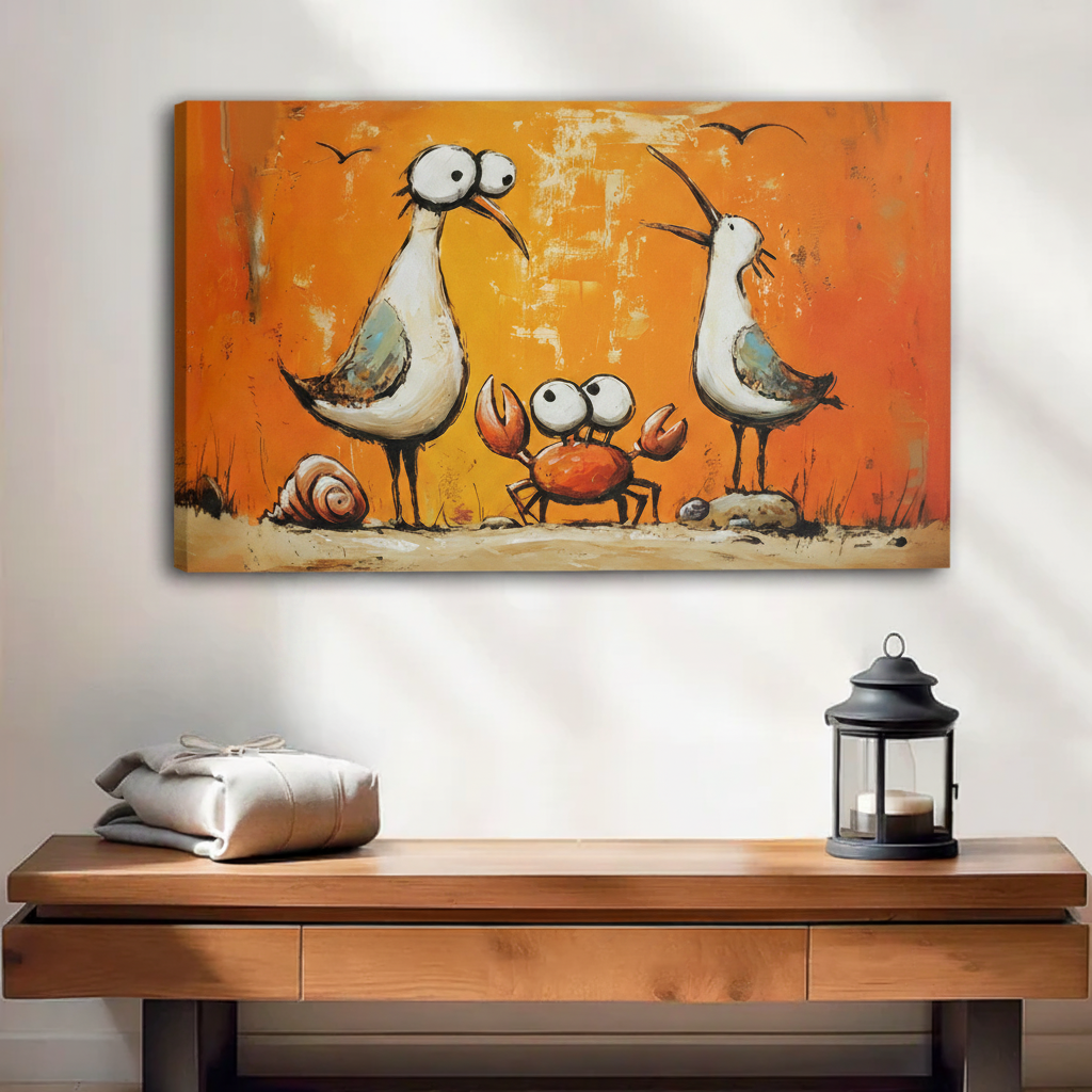 Gallery-wrapped seagull and crab canvas print, two quirky birds with orange crab on warm amber background, frameless wall art for modern entryway