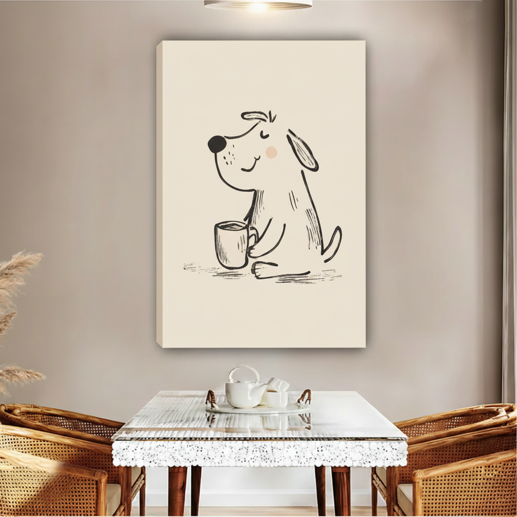 Adorable smiling dog hugging coffee cup minimalist illustration float frame canvas wall art above glass dining table with rattan chairs white tea set and pampas grass in contemporary boho dining room