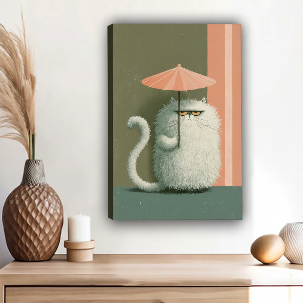 Whimsical chubby white cat with pink parasol float frame canvas wall art above wooden sideboard with pampas grass and ceramic decor in contemporary hallway