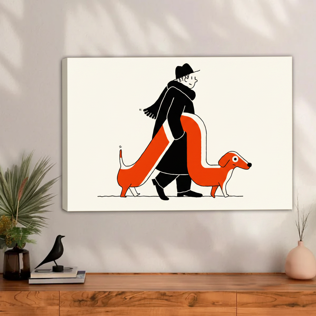 Humorous man in black coat walking with extra long orange dachshund float frame canvas wall art above walnut sideboard with black bird sculpture and pink ceramic vase in contemporary living room