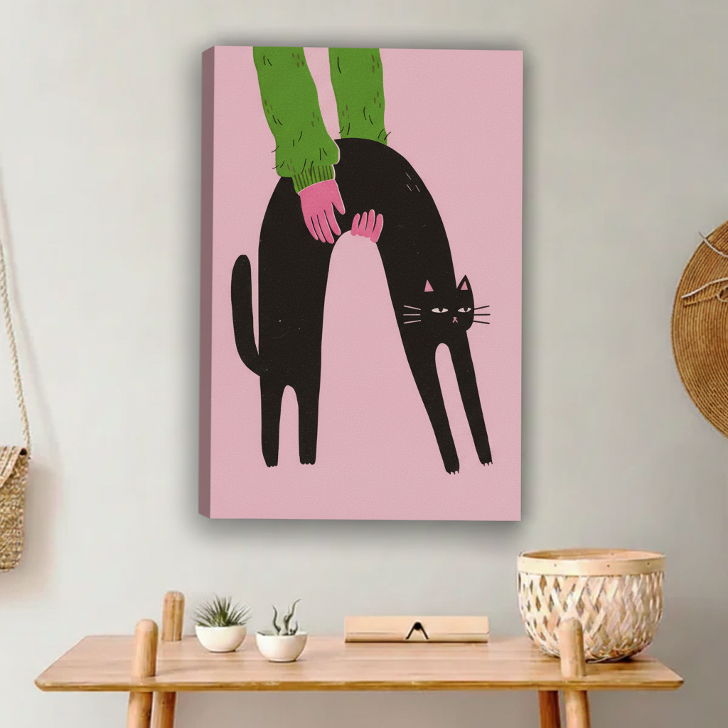 Whimsical black cat arching back green sleeve petting pink background float frame canvas wall art above wooden entryway bench with wicker basket in contemporary hallway
