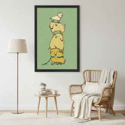 Whimsical dog pile illustration canvas art, living room wall decor gift