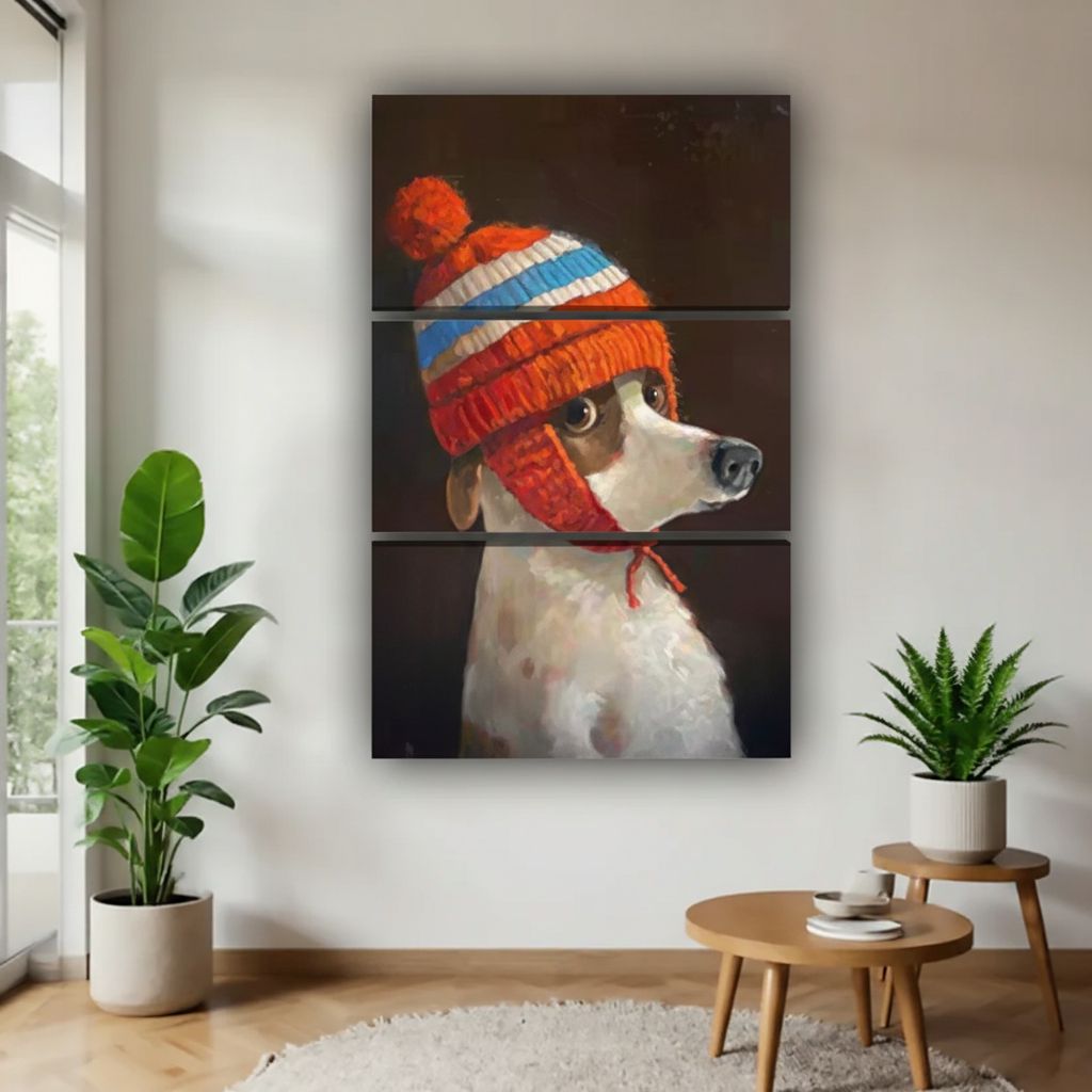 Dog in Knit Winter Hat Wall Art - Cozy Pet Portrait Canvas Print#Y1009