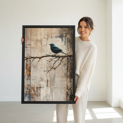 Moody nature framed art print featuring a blue bird perched on branch, rustic weathered wood style, boho living room wall decor