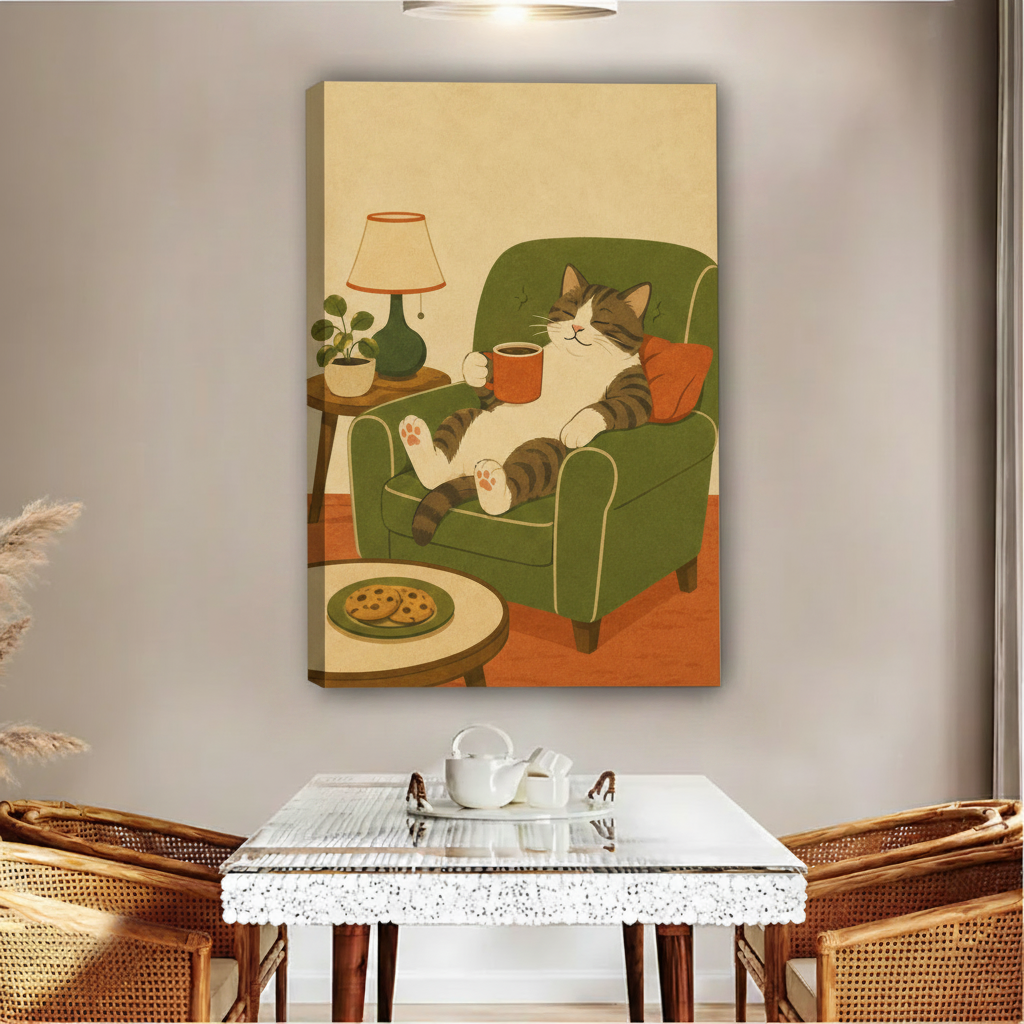 Funny cozy cat wall art — vintage style cat drinking coffee on green sofa, warm tones living room decor