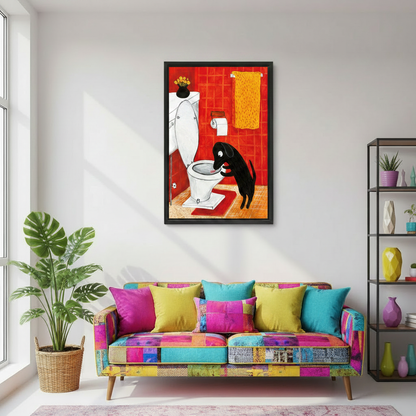 Funny black dog bathroom wall art print displayed above sofa in bright modern living room