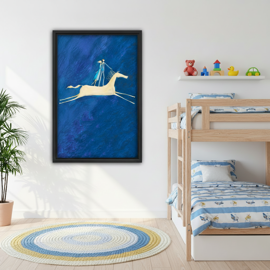 Blue fantasy couple on white horse wall art in black frame above grey sofa in Scandinavian living room