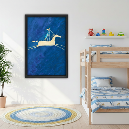Blue fantasy couple on white horse wall art in black frame above grey sofa in Scandinavian living room