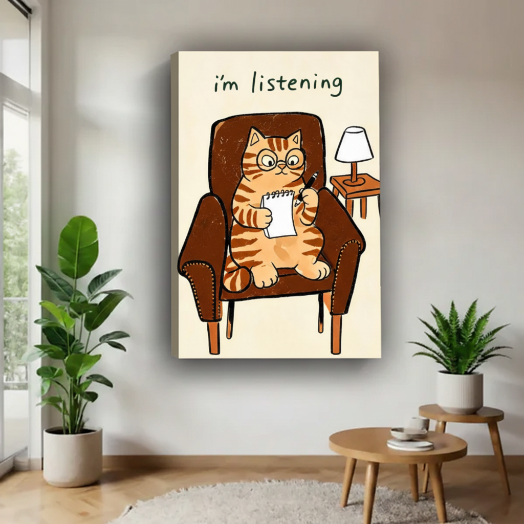 Funny therapist cat gallery wrap canvas wall art, whimsical i'm listening cat illustration for modern home decor